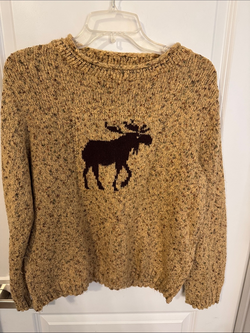 Coldwater Creek Tan Speckled Crewneck Sweater with Moose Motif